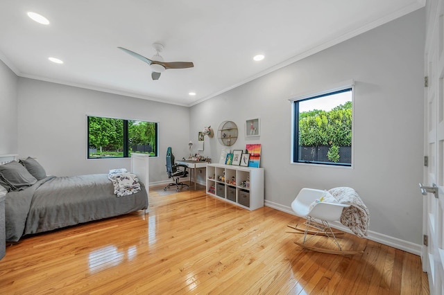 57 Varsity Blvd, East Setauket, NY 11733 - bedroom with multiple windows, ornamental molding, light wood-style flooring, baseboards, and recessed lighting