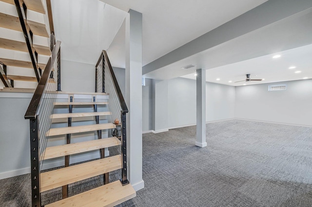 57 Varsity Blvd, East Setauket, NY 11733 - stairs with carpet floors, a ceiling fan, baseboards, and recessed lighting