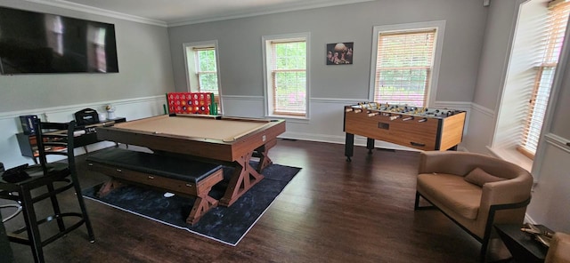 57 Varsity Blvd, East Setauket, NY 11733 - rec room with crown molding, dark wood-type flooring, billiards, and a wainscoted wall