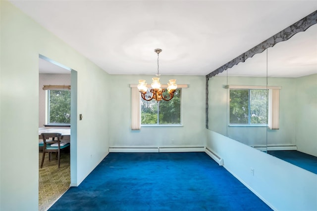 65 Cedar Ct, Copiague, NY 11726 - carpeted empty room with healthy amount of natural light, a baseboard radiator, and a chandelier