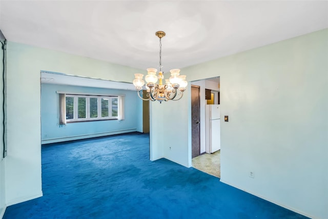 65 Cedar Ct, Copiague, NY 11726 - carpeted spare room with a baseboard heating unit, a chandelier, and baseboards