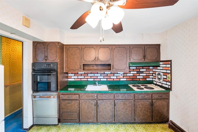 65 Cedar Ct, Copiague, NY 11726 - kitchen featuring white appliances, a sink, wallpapered walls, a ceiling fan, and under cabinet range hood