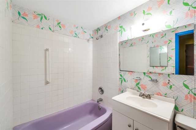 65 Cedar Ct, Copiague, NY 11726 - full bathroom featuring vanity, toilet, shower / washtub combination, and wallpapered walls