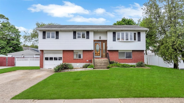 65 Cedar Ct, Copiague, NY 11726 - bi-level home with concrete driveway, an attached garage, and brick siding
