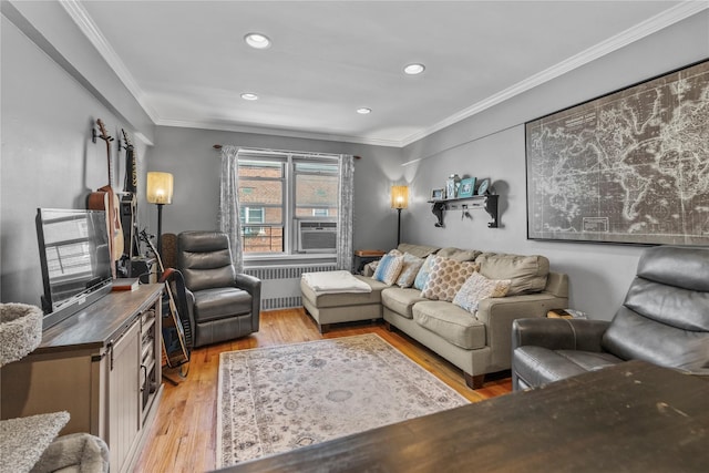 60 Locust Ave Unit 610, New Rochelle, NY 10801 - living room featuring radiator, light wood-type flooring, crown molding, and recessed lighting