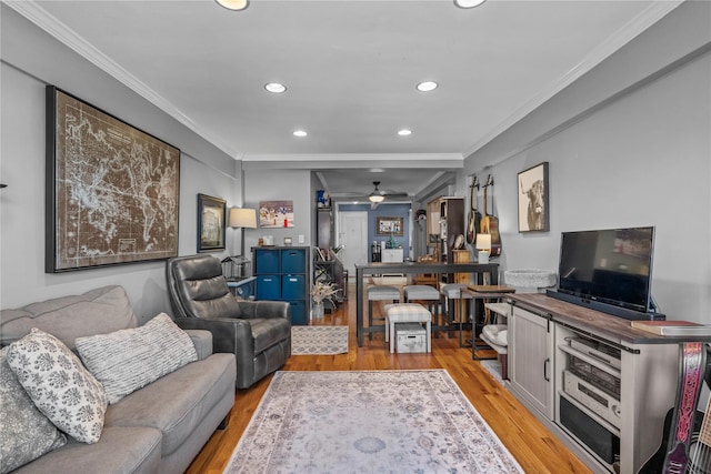 60 Locust Ave Unit 610, New Rochelle, NY 10801 - living room featuring recessed lighting, light wood finished floors, ornamental molding, and ceiling fan