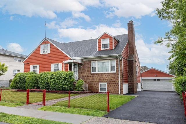 426 N High St, Mount Vernon, NY 10552 - view of front of house with a detached garage, brick siding, a chimney, an outdoor structure, and a shingled roof