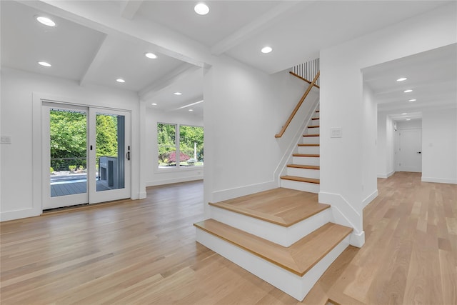 38 Cottontail Rd, Melville, NY 11747 - stairs featuring wood finished floors, recessed lighting, beam ceiling, and baseboards