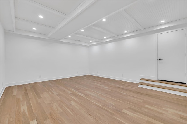 38 Cottontail Rd, Melville, NY 11747 - spare room featuring recessed lighting, light wood-type flooring, beamed ceiling, baseboards, and coffered ceiling