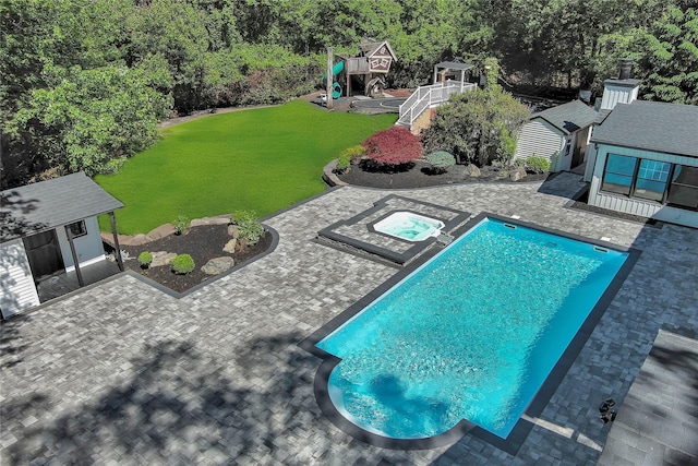 38 Cottontail Rd, Melville, NY 11747 - outdoor pool with a yard, an in-ground hot tub, an outdoor structure, and a patio area