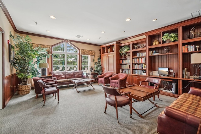 200 Woodcrest Ln Unit 202, Mount Kisco, NY 10549 - carpeted living area with ornamental molding, recessed lighting, and an office area