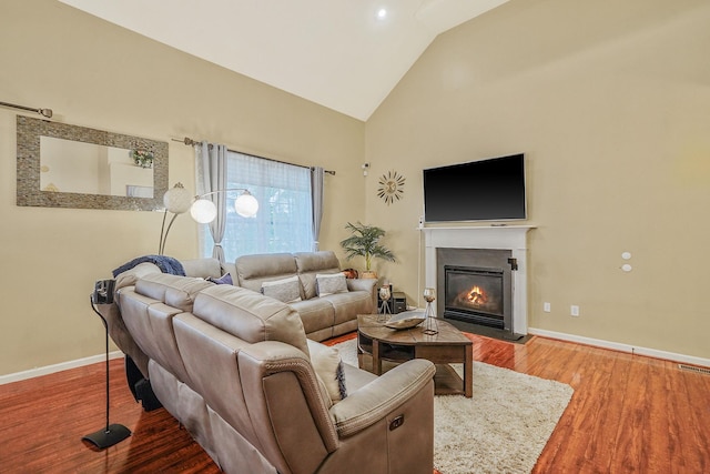 15 Arielle Ct, Hauppauge, NY 11749 - living area with wood finished floors, high vaulted ceiling, baseboards, and a glass covered fireplace