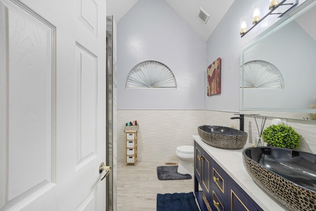 15 Arielle Ct, Hauppauge, NY 11749 - full bathroom with double vanity, toilet, tile walls, and vaulted ceiling