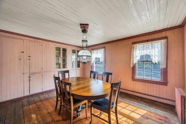201 E Broadway Prt, Jefferson, NY 11777 - dining area featuring wood-type flooring, radiator heating unit, a baseboard radiator, plenty of natural light, and wood walls