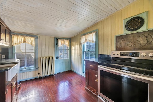 201 E Broadway Prt, Jefferson, NY 11777 - kitchen featuring radiator heating unit, stainless steel range with electric cooktop, dark countertops, dark wood finished floors, and wooden walls