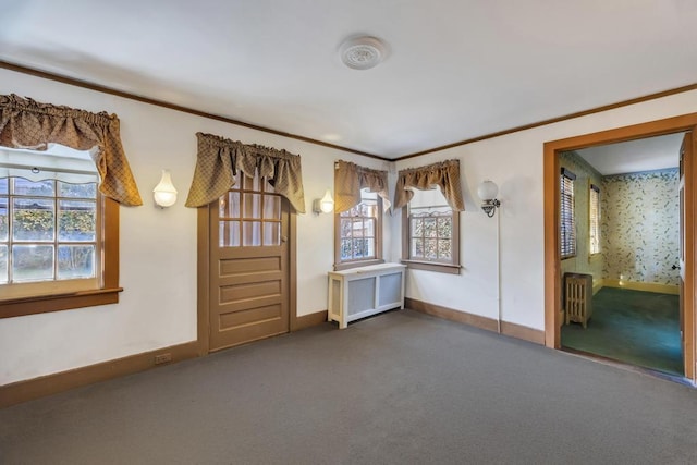 201 E Broadway Prt, Jefferson, NY 11777 - unfurnished room featuring radiator heating unit, carpet flooring, baseboards, and ornamental molding