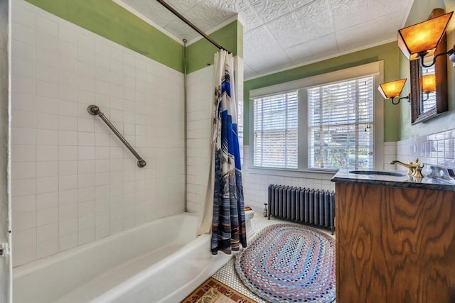 201 E Broadway Prt, Jefferson, NY 11777 - full bathroom featuring radiator heating unit, ornamental molding, shower / bath combo, and vanity