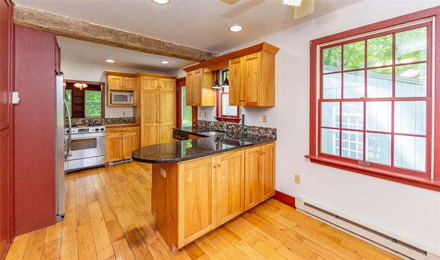 42 Harmony Rd, Pawling, NY 12564 - kitchen featuring baseboard heating, stainless steel appliances, a peninsula, a sink, and light wood-type flooring