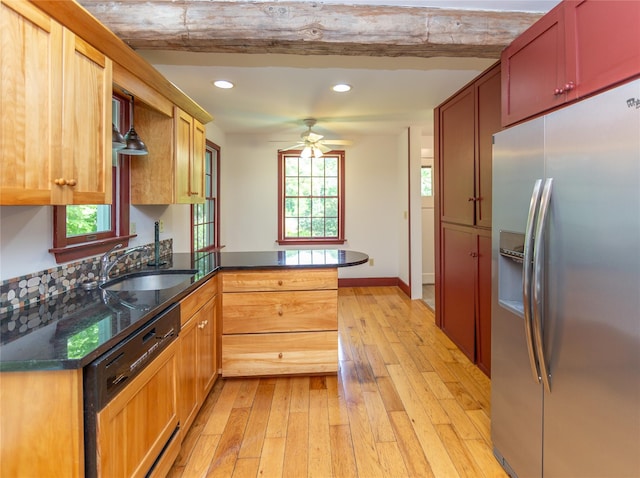 42 Harmony Rd, Pawling, NY 12564 - kitchen with stainless steel fridge, a sink, dishwasher, light wood-style flooring, and recessed lighting