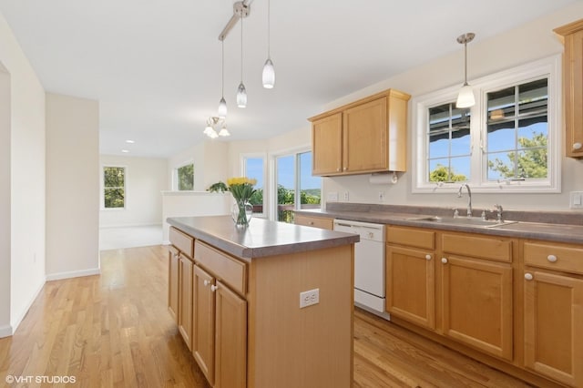 195 Old Castle Point Rd, Wappingers Falls, NY 12590 - kitchen with dishwasher, light wood-type flooring, a center island, a sink, and decorative light fixtures