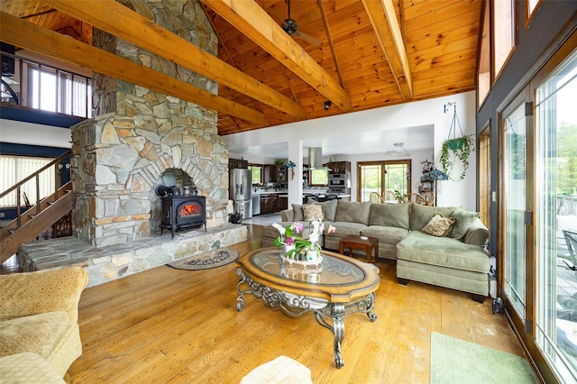 129 Clinton Corners Rd, Salt Point, NY 12578 - living area featuring a wood stove, wood finished floors, stairs, wood ceiling with exposed beams, and high vaulted ceiling