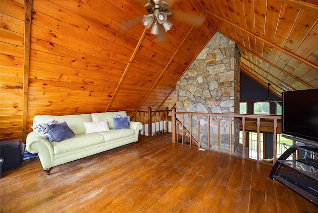 129 Clinton Corners Rd, Salt Point, NY 12578 - living room featuring wood ceiling, a ceiling fan, hardwood / wood-style flooring, and lofted ceiling
