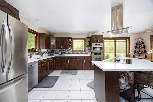 129 Clinton Corners Rd, Salt Point, NY 12578 - kitchen with stainless steel appliances, exhaust hood, open shelves, light countertops, and a sink