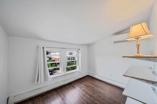 10 June Ave, Bayville, NY 11709 - interior space with dark wood-type flooring, an AC wall unit, a baseboard heating unit, and lofted ceiling