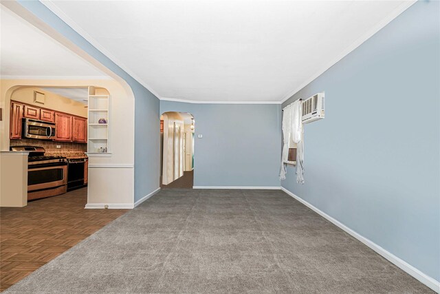 2182 E 36th St, Brooklyn, NY 11234 - unfurnished living room featuring arched walkways, baseboards, crown molding, an AC wall unit, and carpet