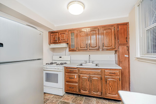 2182 E 36th St, Brooklyn, NY 11234 - kitchen featuring white appliances, a sink, under cabinet range hood, light countertops, and brown cabinetry