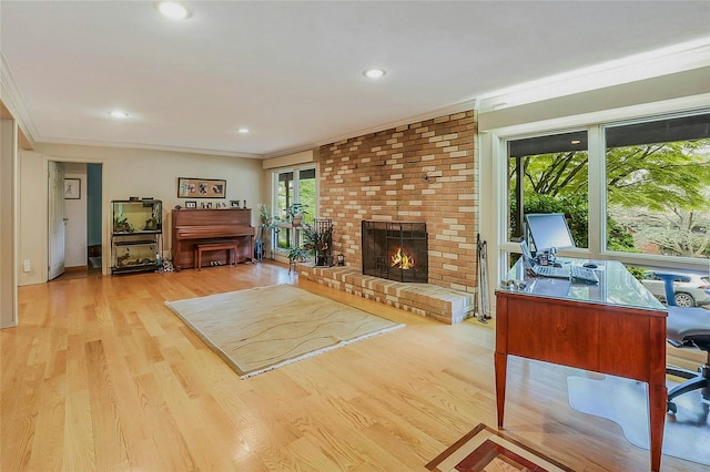 6 Laurel Way, Sea Cliff, NY 11579 - living area with a fireplace, crown molding, an office area, wood finished floors, and recessed lighting