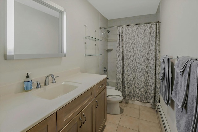 6 Laurel Way, Sea Cliff, NY 11579 - full bathroom featuring vanity, toilet, a baseboard radiator, tile patterned floors, and shower / bath combo with shower curtain