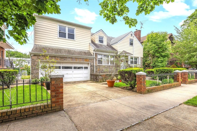 150-44 23rd Ave, Whitestone, NY 11357 - traditional home with concrete driveway, a garage, and stone siding