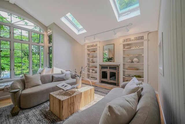 10 Maple Ave, Setauket, NY 11733 - living area with a skylight, rail lighting, healthy amount of natural light, vaulted ceiling, and built in shelves