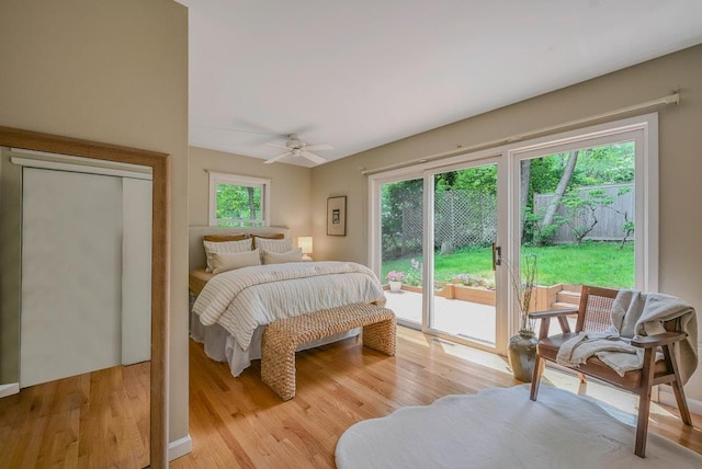 10 Maple Ave, Setauket, NY 11733 - bedroom with access to exterior, multiple windows, light wood-type flooring, and ceiling fan