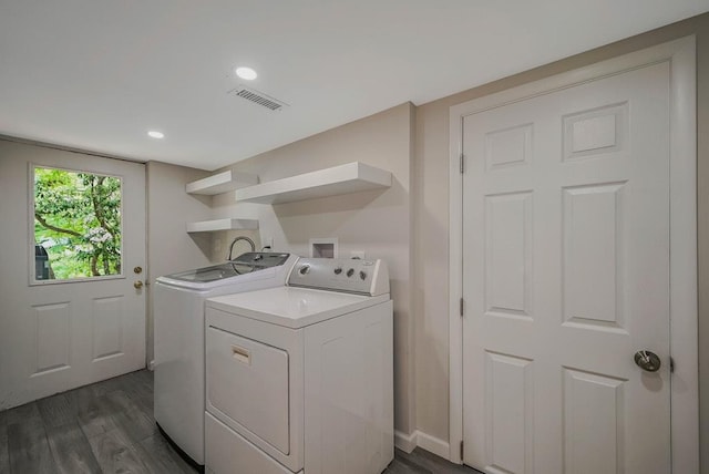 10 Maple Ave, Setauket, NY 11733 - laundry area with washing machine and dryer, dark wood finished floors, and recessed lighting