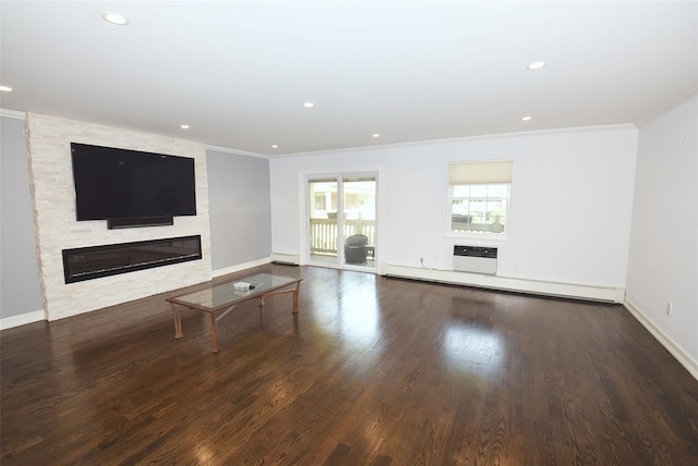 206-07 Lori Dr Unit 60M, Bayside, NY 11360 - unfurnished living room featuring ornamental molding, a fireplace, wood finished floors, baseboards, and recessed lighting