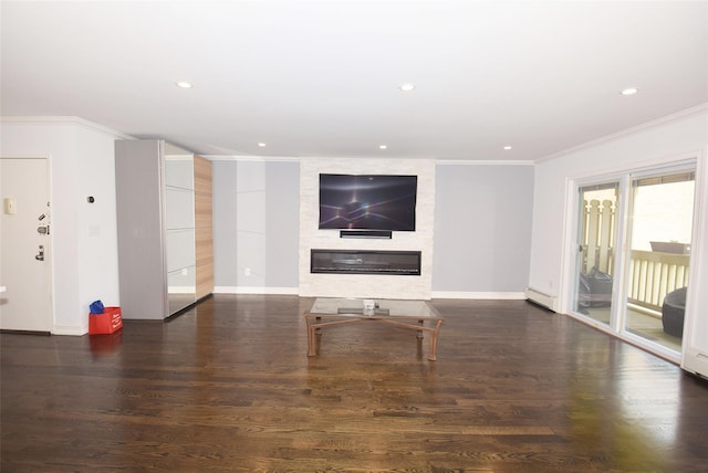 206-07 Lori Dr Unit 60M, Bayside, NY 11360 - unfurnished living room with ornamental molding, a large fireplace, wood finished floors, recessed lighting, and baseboards