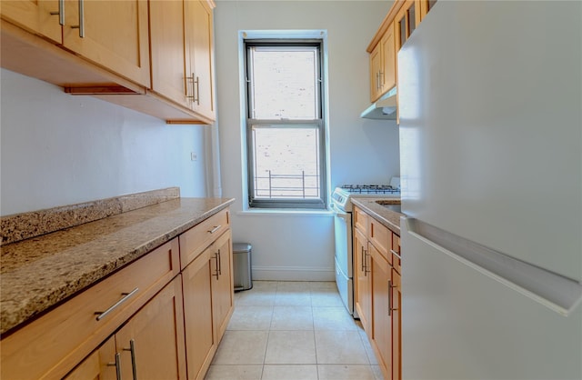 190 E Mosholu Pkwy S Unit 3H, Bronx, NY 10458 - kitchen featuring white appliances, under cabinet range hood, light stone counters, light brown cabinetry, and baseboards