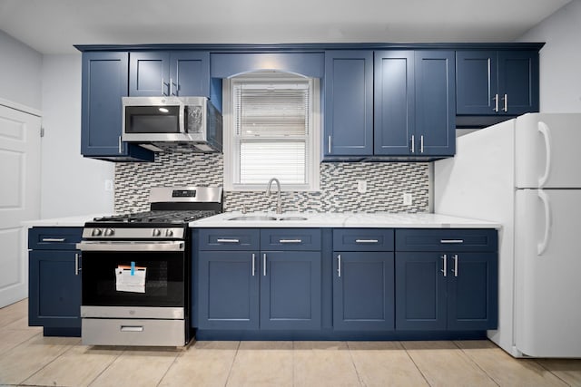 114-23 Sutter Ave, South Ozone Park, NY 11420 - kitchen with appliances with stainless steel finishes, a sink, blue cabinetry, and decorative backsplash