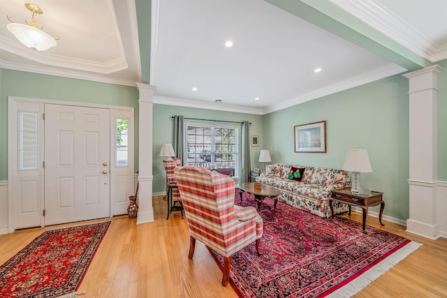 105 Louden Loop, Mount Sinai, NY 11766 - living area featuring ornate columns, light wood finished floors, crown molding, baseboards, and recessed lighting