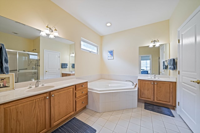 105 Louden Loop, Mount Sinai, NY 11766 - bathroom featuring a shower stall, two vanities, tile patterned flooring, and a bath
