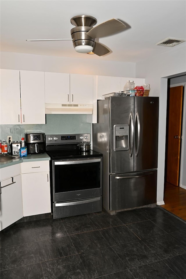 1510 Rica Pl, Valley Stream, NY 11580 - kitchen featuring stainless steel appliances, white cabinets, under cabinet range hood, and ceiling fan