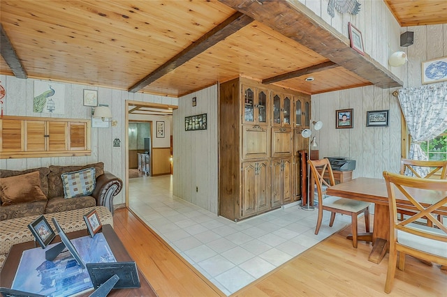 20 Baylis Pl, Syosset, NY 11791 - dining area with wooden walls, light wood finished floors, and wooden ceiling with exposed beams