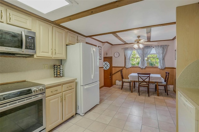 20 Baylis Pl, Syosset, NY 11791 - kitchen featuring stainless steel appliances, a wainscoted wall, light countertops, ceiling fan, and beamed ceiling