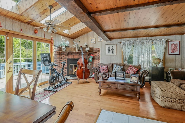 20 Baylis Pl, Syosset, NY 11791 - living area with wooden walls, hardwood / wood-style flooring, ceiling fan, a brick fireplace, and wood ceiling
