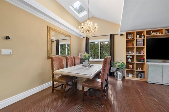 3 Knight Ln, Kings Park, NY 11754 - dining area with a chandelier, a skylight, wood finished floors, a baseboard radiator, and high vaulted ceiling