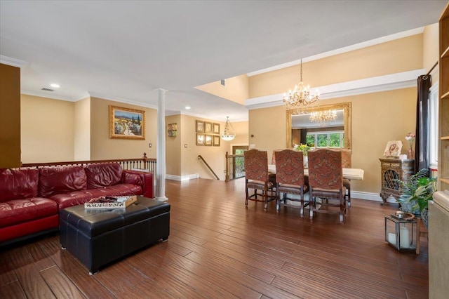 3 Knight Ln, Kings Park, NY 11754 - living room with a chandelier, crown molding, recessed lighting, baseboards, and dark wood finished floors