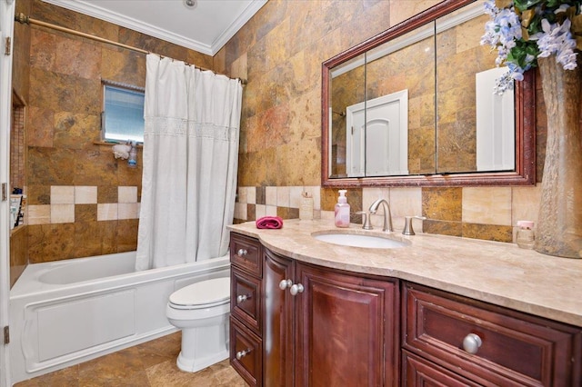 3 Knight Ln, Kings Park, NY 11754 - bathroom with tile walls, vanity, toilet, ornamental molding, and shower / bath combo