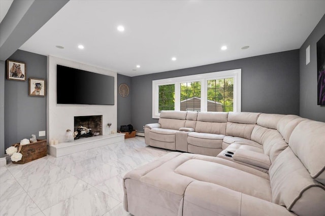3 Knight Ln, Kings Park, NY 11754 - living room with marble finish flooring, recessed lighting, a baseboard radiator, and a high end fireplace